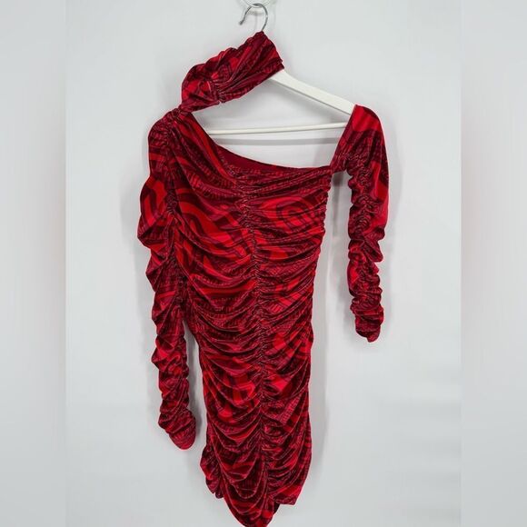 ALIETTE Red Velvet Cold Shoulder Ruched Bodycon‎ Gothic Punk Mini Dress 0 - Picture 7 of 14